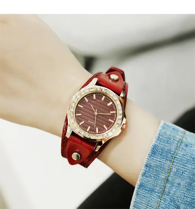 Women's Diamond Encrusted Quartz Watch Red Leather Strap — feature 10