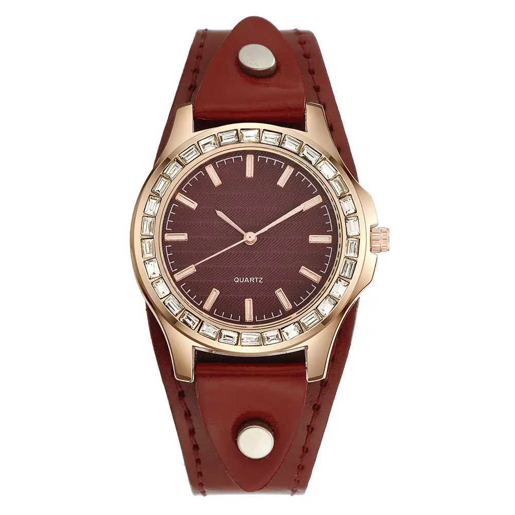 Women's Diamond Encrusted Quartz Watch Red Leather Strap - Image 3