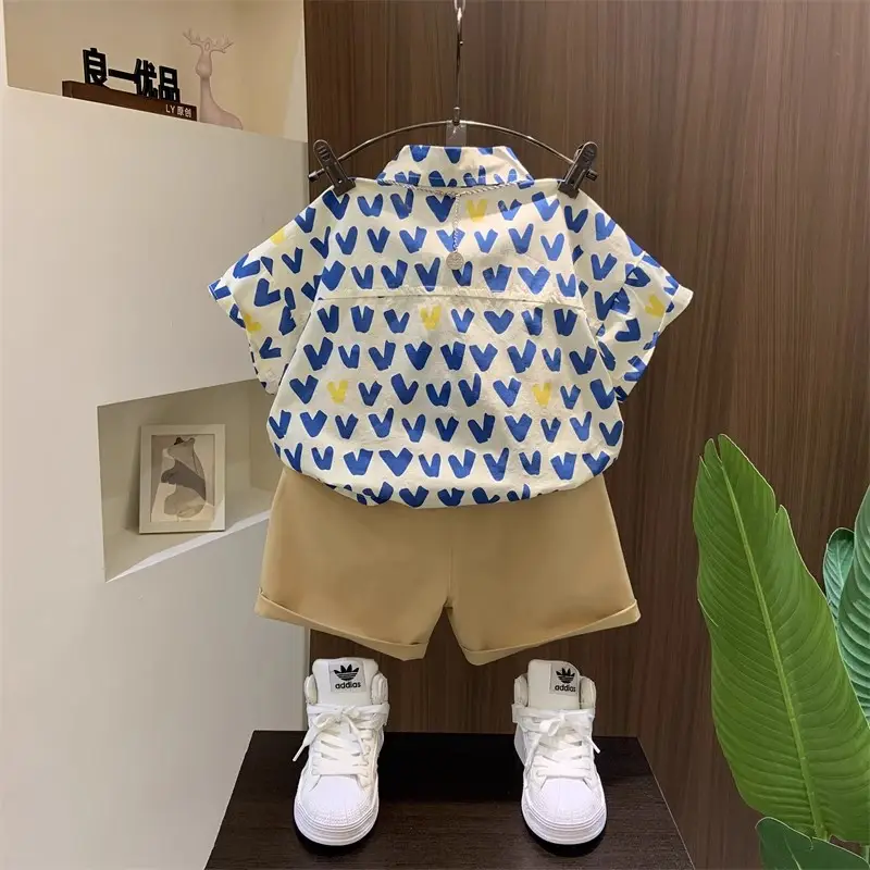 Boys Heart Print Short Sleeve T-Shirt Blue Yellow