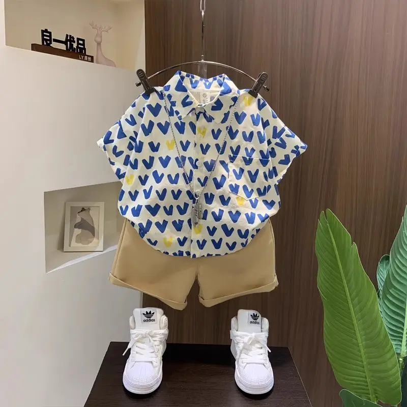 Boys Heart Print Short Sleeve T-Shirt Blue Yellow