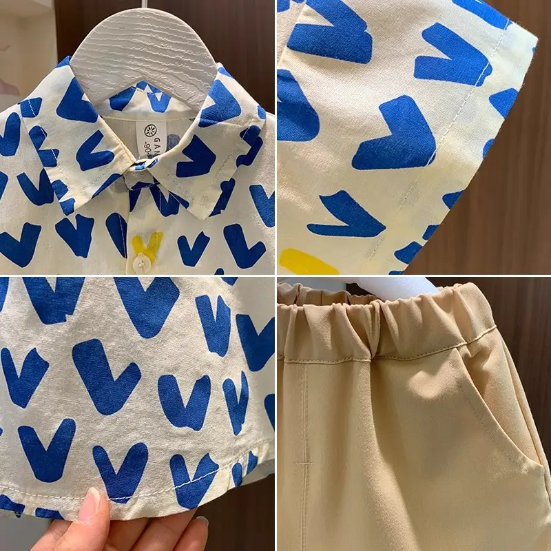 Boys Heart Print Short Sleeve T-Shirt Blue Yellow