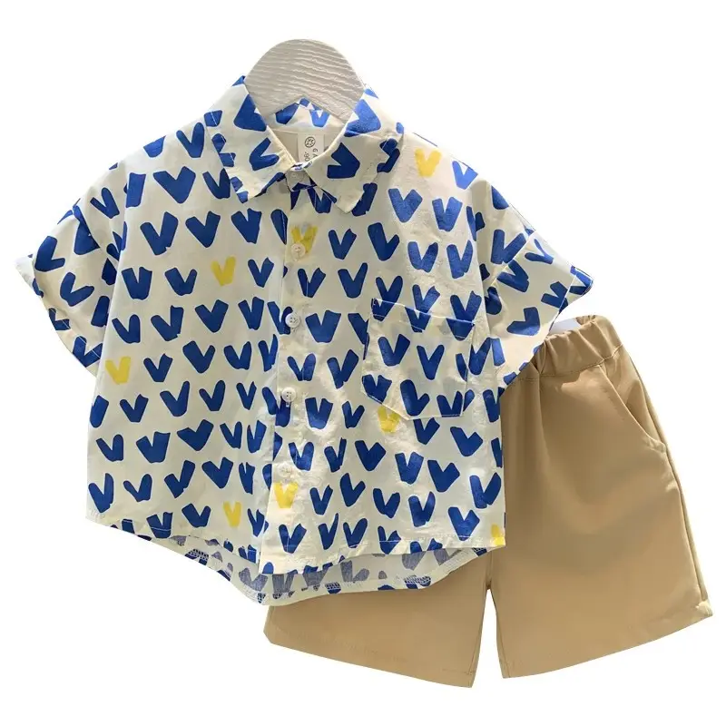 Boys Heart Print Short Sleeve T-Shirt Blue Yellow