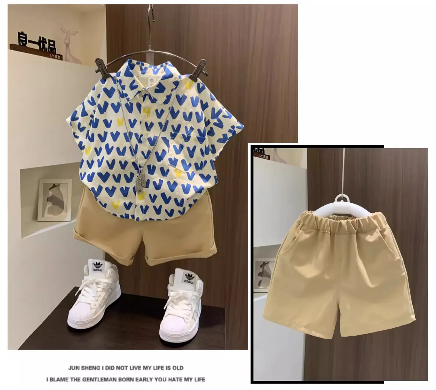 Boys Heart Print Short Sleeve T-Shirt Blue Yellow — feature 9