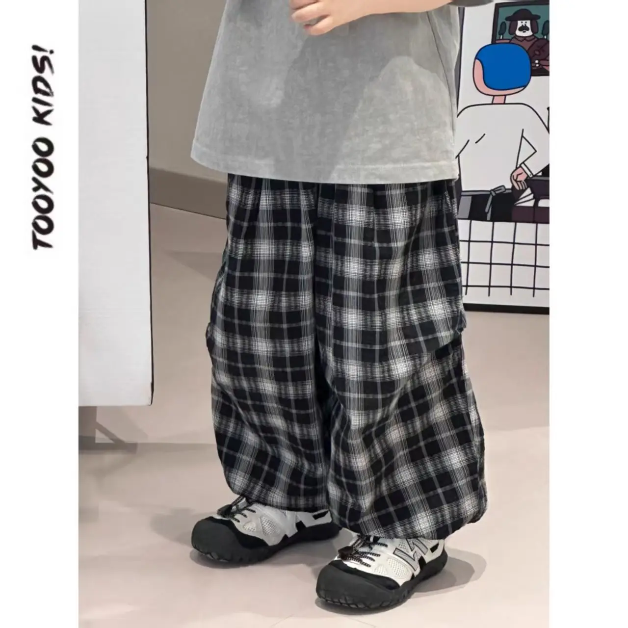 Boys Summer Suit Gray Printed Plaid Pants 2025