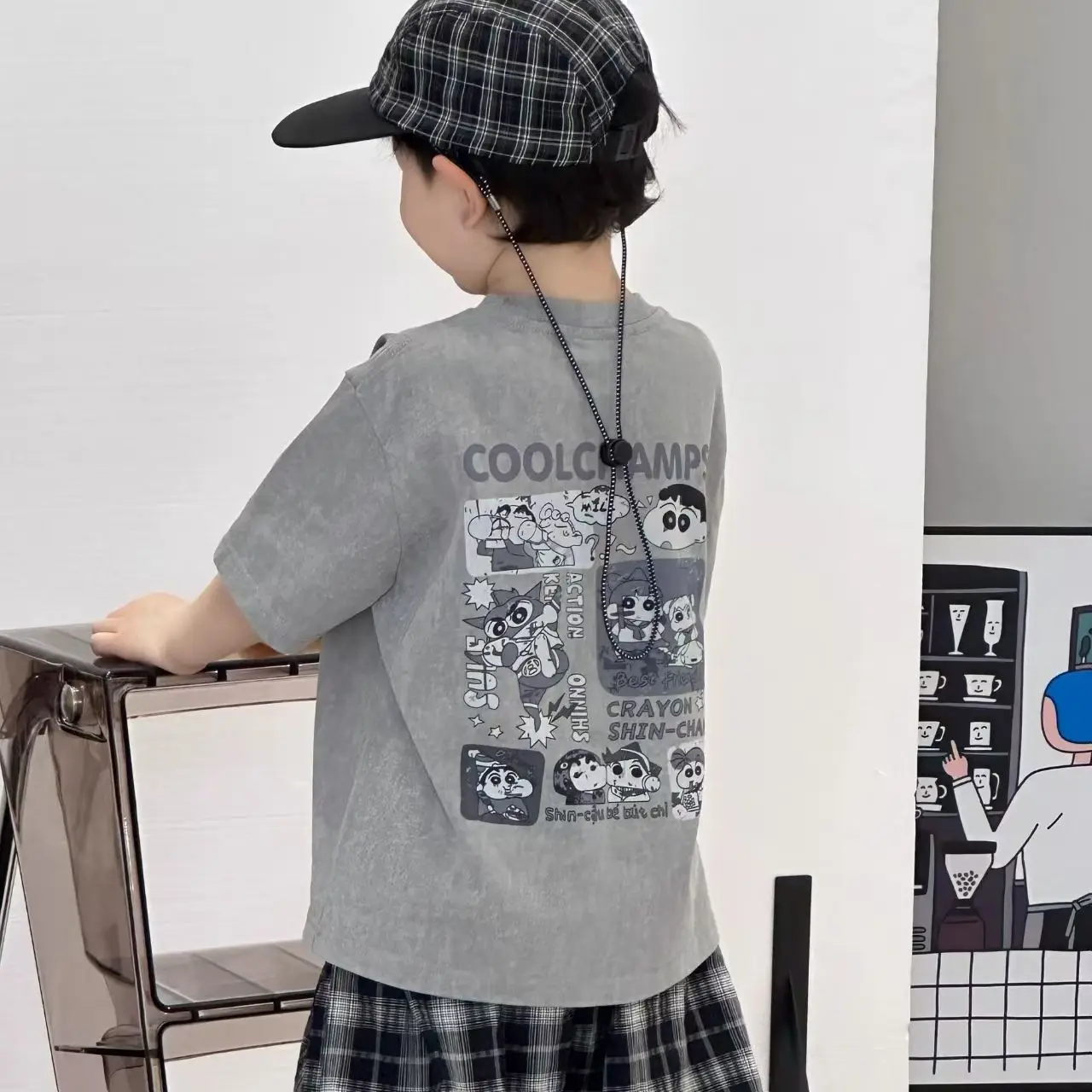 Boys Summer Suit Gray Printed Plaid Pants 2025