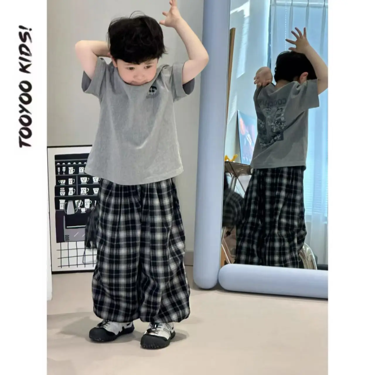 Boys Summer Suit Gray Printed Plaid Pants 2025 — feature 1