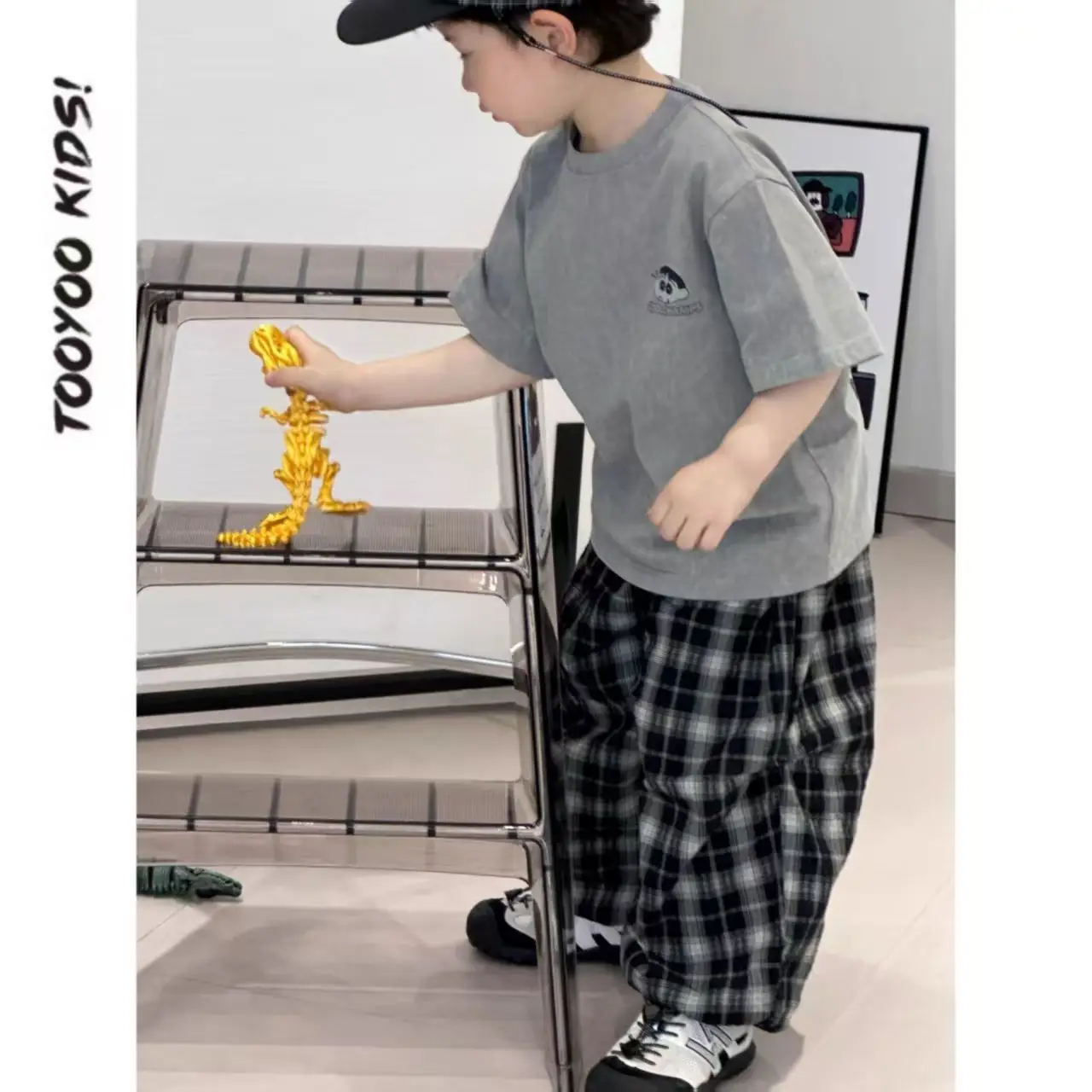 Boys Summer Suit Gray Printed Plaid Pants 2025 — feature 3