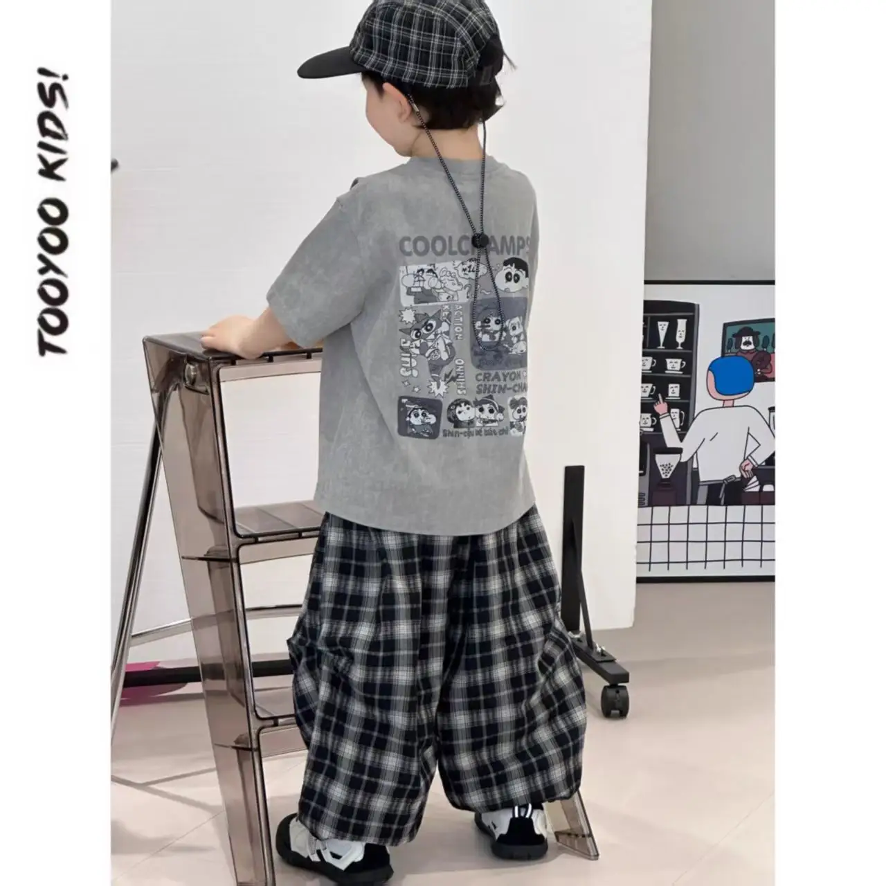 Boys Summer Suit Gray Printed Plaid Pants 2025 — feature 4