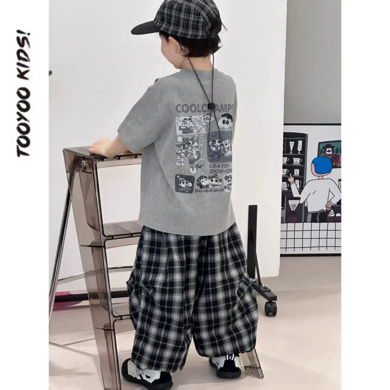 Boys Summer Suit Gray Printed Plaid Pants 2025 — feature 8