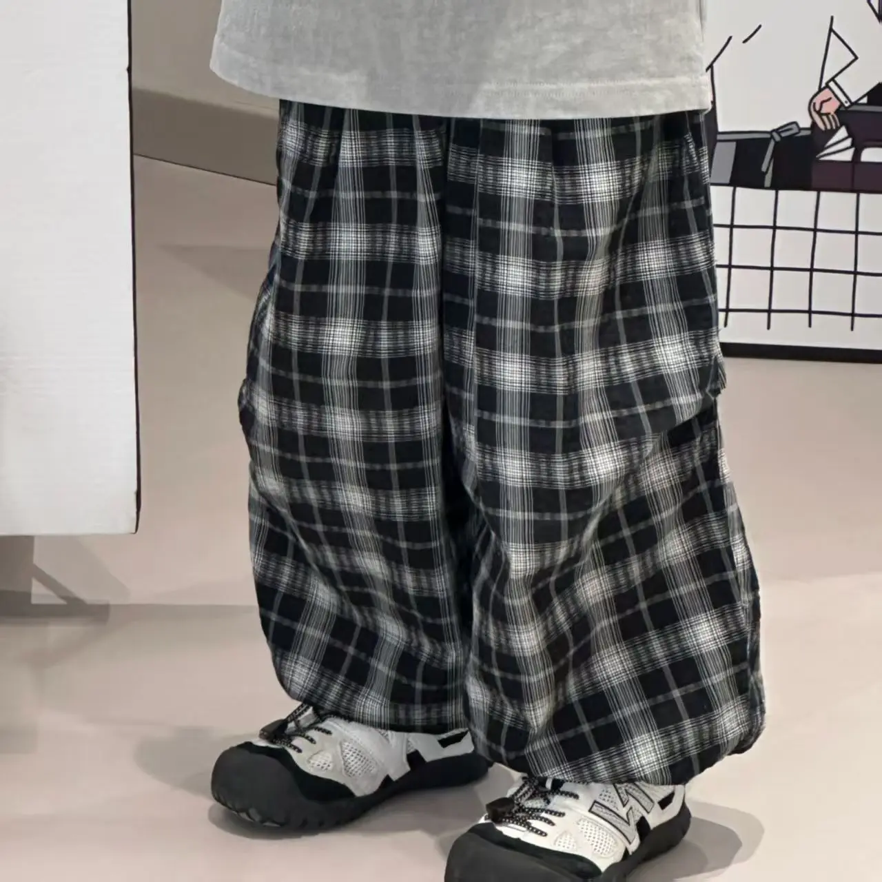Boys Summer Suit Gray Printed Plaid Pants 2025