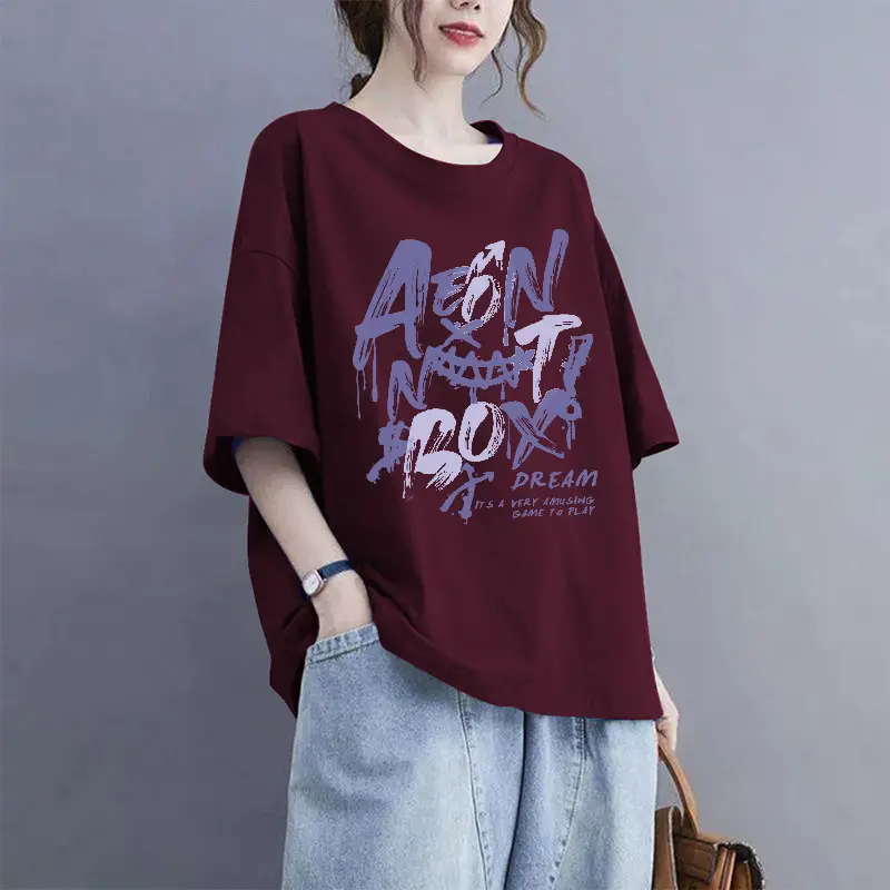 European Goods 100% Cotton Short-Sleeved Large Size Summer T-Shirt Loose Simple Printed Slimming Look Cover-Up Foreign Style Top Outer Wear
