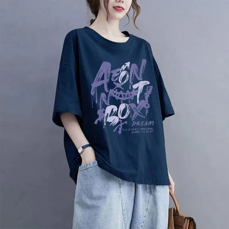 European Goods 100% Cotton Short-Sleeved Large Size Summer T-Shirt Loose Simple Printed Slimming Look Cover-Up Foreign Style Top Outer Wear