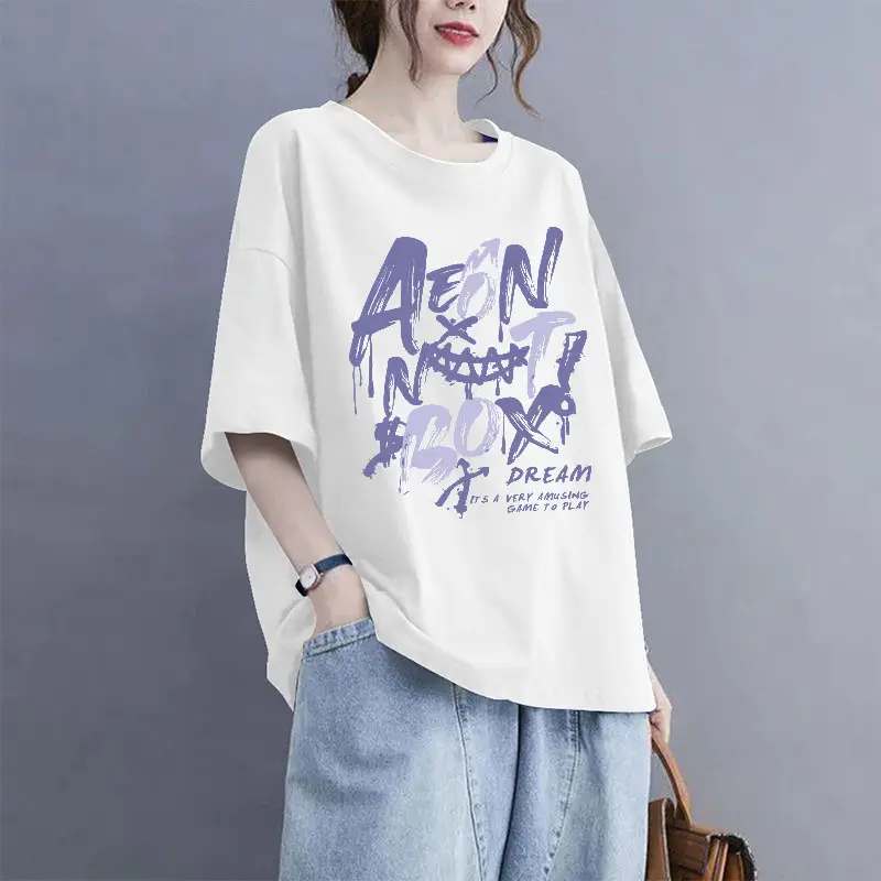European Goods 100% Cotton Short-Sleeved Large Size Summer T-Shirt Loose Simple Printed Slimming Look Cover-Up Foreign Style Top Outer Wear