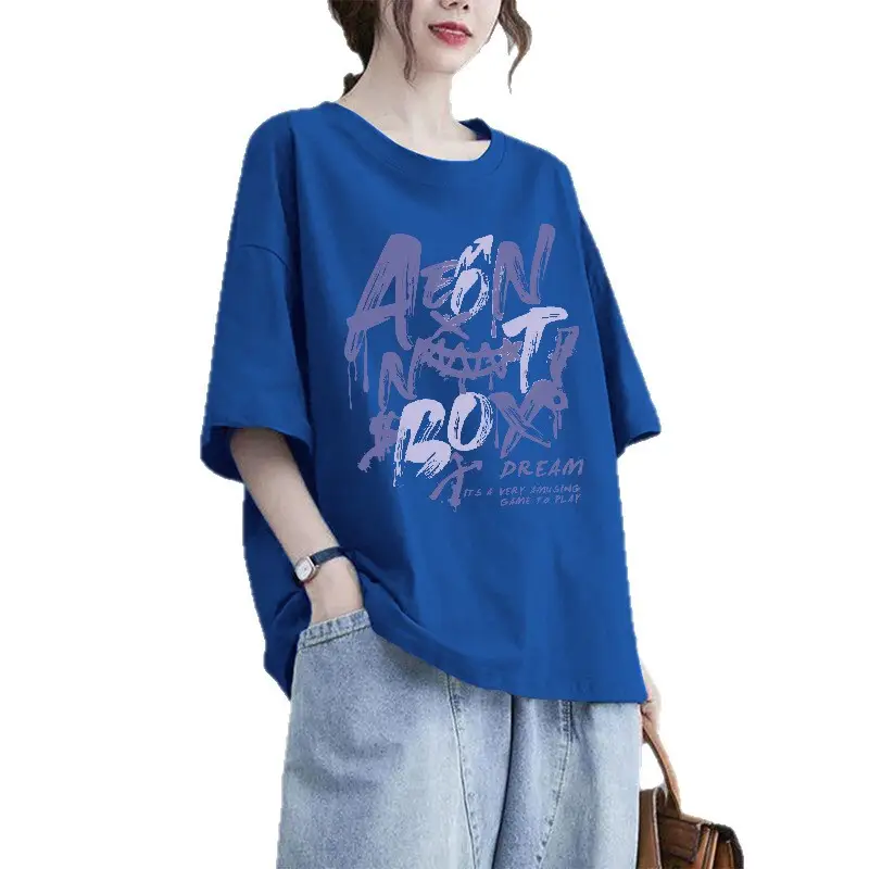 European Goods 100% Cotton Short-Sleeved Large Size Summer T-Shirt Loose Simple Printed Slimming Look Cover-Up Foreign Style Top Outer Wear