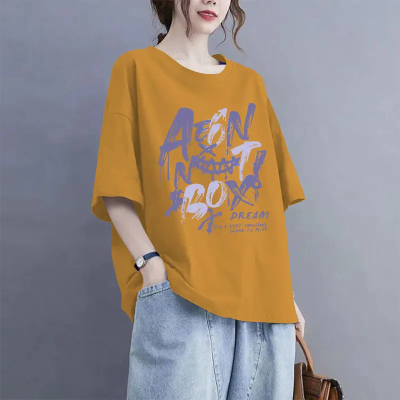 European Goods 100% Cotton Short-Sleeved Large Size Summer T-Shirt Loose Simple Printed Slimming Look Cover-Up Foreign Style Top Outer Wear — feature 14