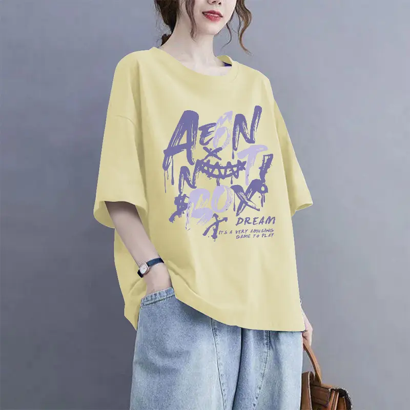 European Goods 100% Cotton Short-Sleeved Large Size Summer T-Shirt Loose Simple Printed Slimming Look Cover-Up Foreign Style Top Outer Wear