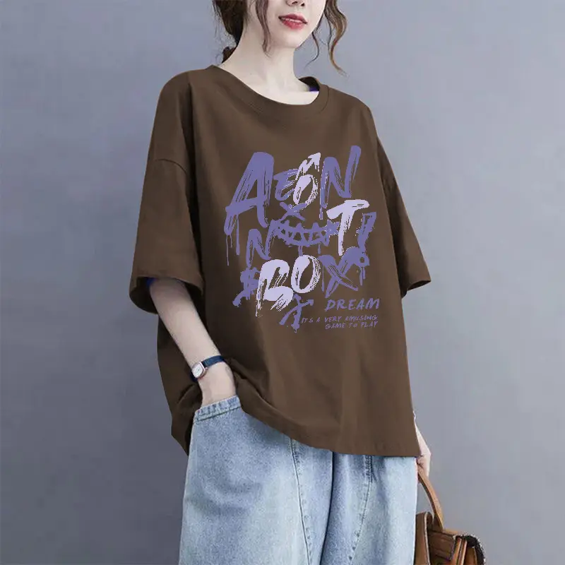 European Goods 100% Cotton Short-Sleeved Large Size Summer T-Shirt Loose Simple Printed Slimming Look Cover-Up Foreign Style Top Outer Wear