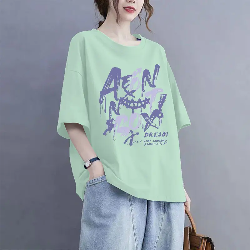 European Goods 100% Cotton Short-Sleeved Large Size Summer T-Shirt Loose Simple Printed Slimming Look Cover-Up Foreign Style Top Outer Wear