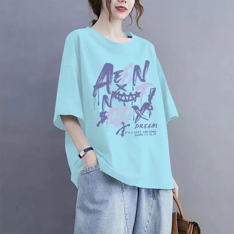 European Goods 100% Cotton Short-Sleeved Large Size Summer T-Shirt Loose Simple Printed Slimming Look Cover-Up Foreign Style Top Outer Wear