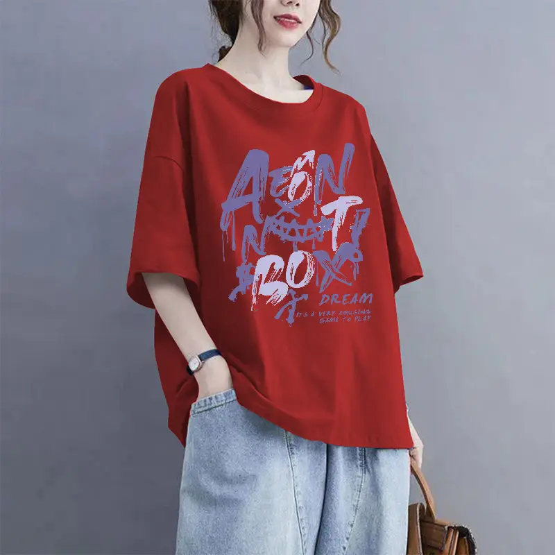 European Goods 100% Cotton Short-Sleeved Large Size Summer T-Shirt Loose Simple Printed Slimming Look Cover-Up Foreign Style Top Outer Wear