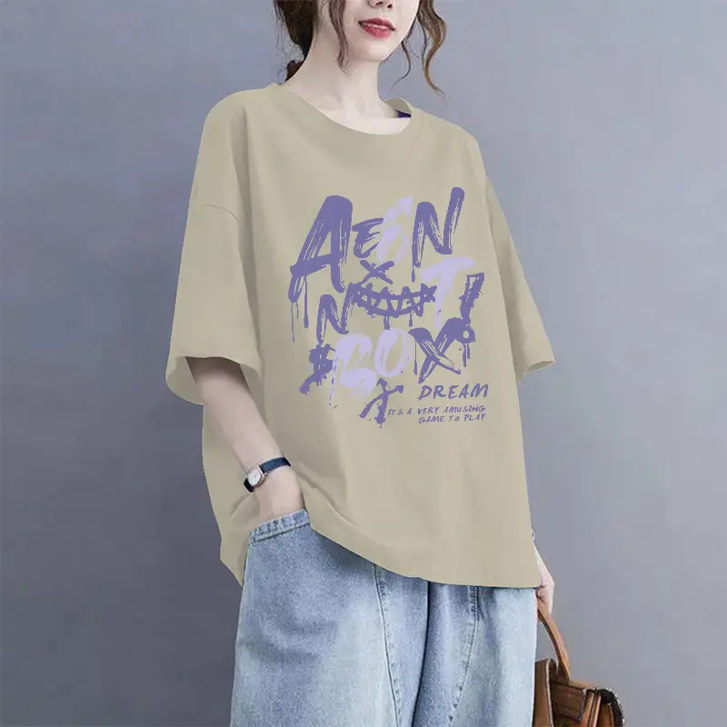 European Goods 100% Cotton Short-Sleeved Large Size Summer T-Shirt Loose Simple Printed Slimming Look Cover-Up Foreign Style Top Outer Wear