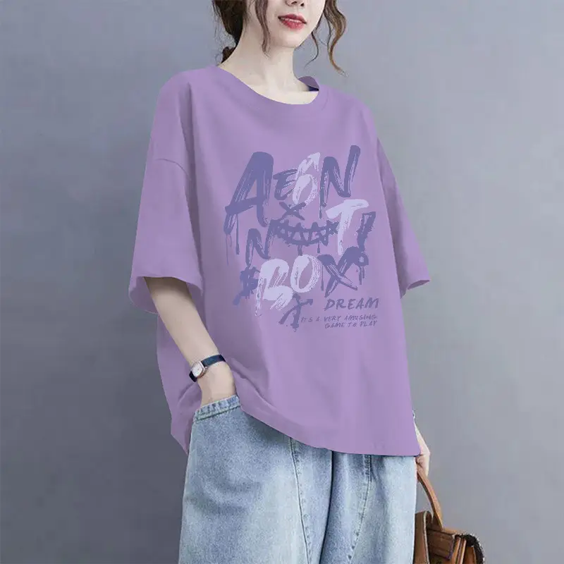 European Goods 100% Cotton Short-Sleeved Large Size Summer T-Shirt Loose Simple Printed Slimming Look Cover-Up Foreign Style Top Outer Wear
