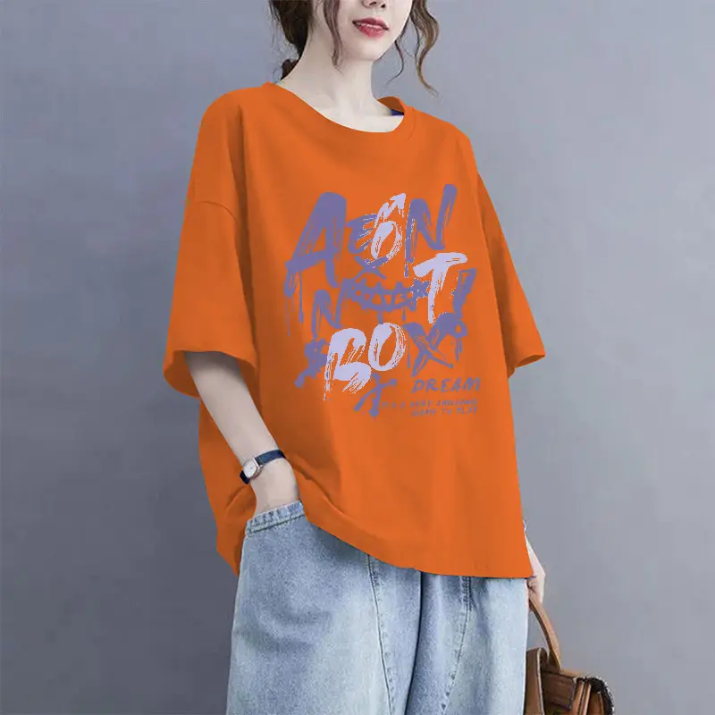 European Goods 100% Cotton Short-Sleeved Large Size Summer T-Shirt Loose Simple Printed Slimming Look Cover-Up Foreign Style Top Outer Wear
