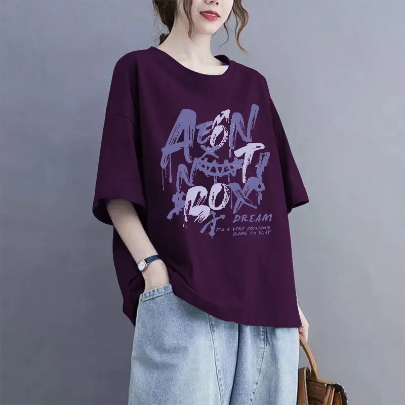 European Goods 100% Cotton Short-Sleeved Large Size Summer T-Shirt Loose Simple Printed Slimming Look Cover-Up Foreign Style Top Outer Wear