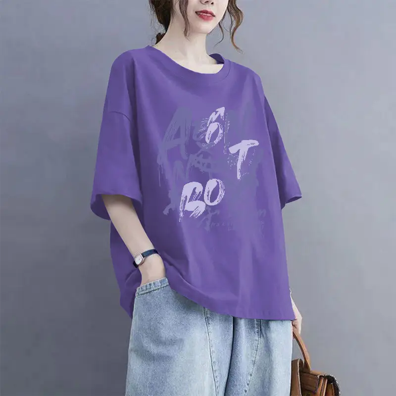 European Goods 100% Cotton Short-Sleeved Large Size Summer T-Shirt Loose Simple Printed Slimming Look Cover-Up Foreign Style Top Outer Wear