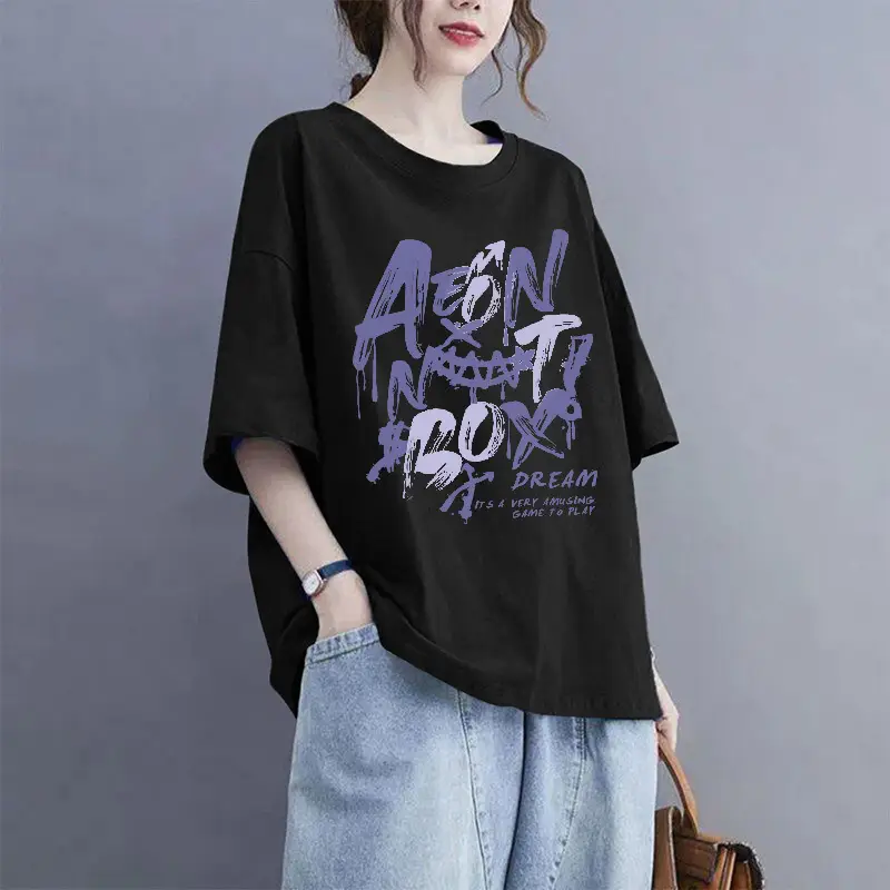 European Goods 100% Cotton Short-Sleeved Large Size Summer T-Shirt Loose Simple Printed Slimming Look Cover-Up Foreign Style Top Outer Wear