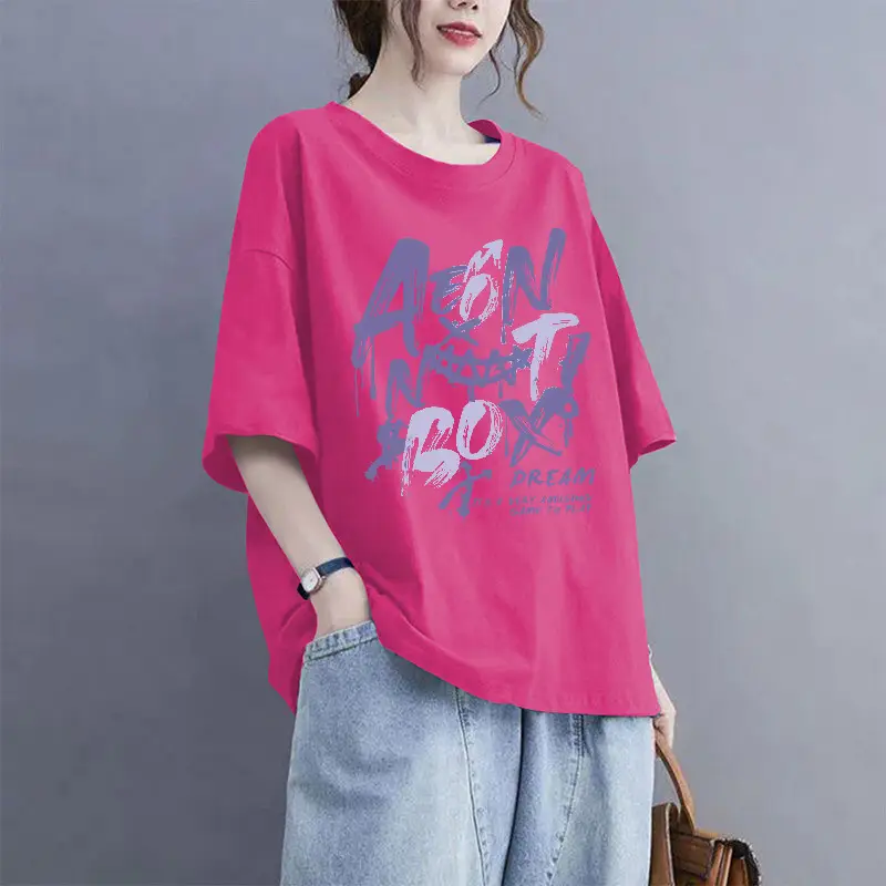 European Goods 100% Cotton Short-Sleeved Large Size Summer T-Shirt Loose Simple Printed Slimming Look Cover-Up Foreign Style Top Outer Wear