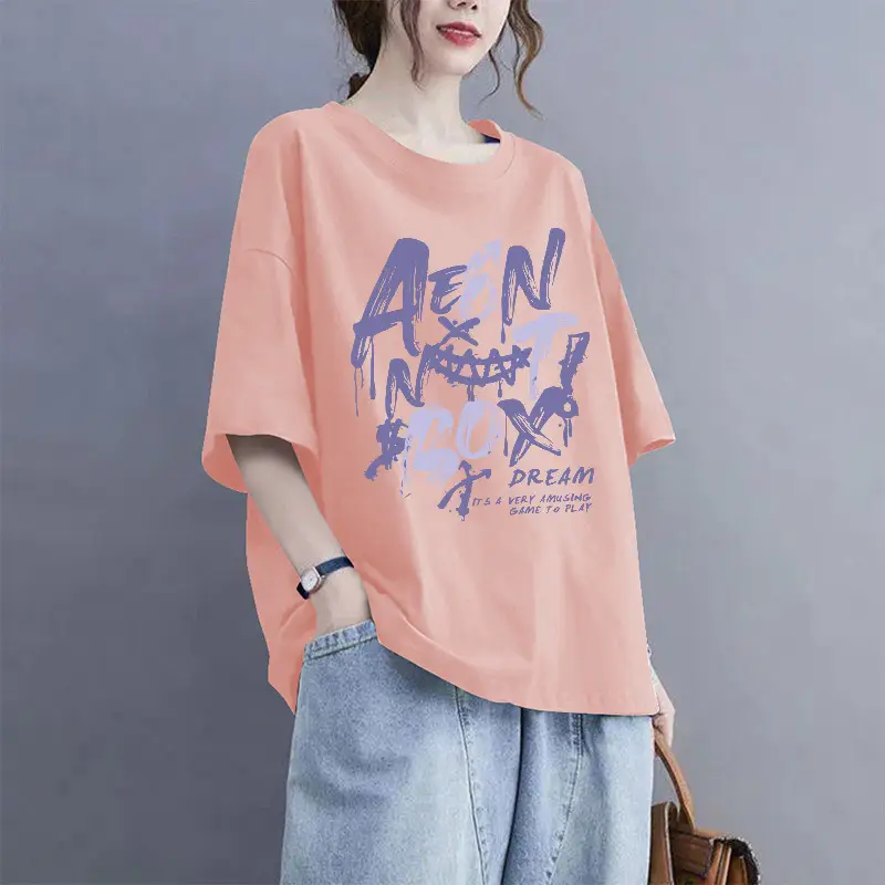 European Goods 100% Cotton Short-Sleeved Large Size Summer T-Shirt Loose Simple Printed Slimming Look Cover-Up Foreign Style Top Outer Wear