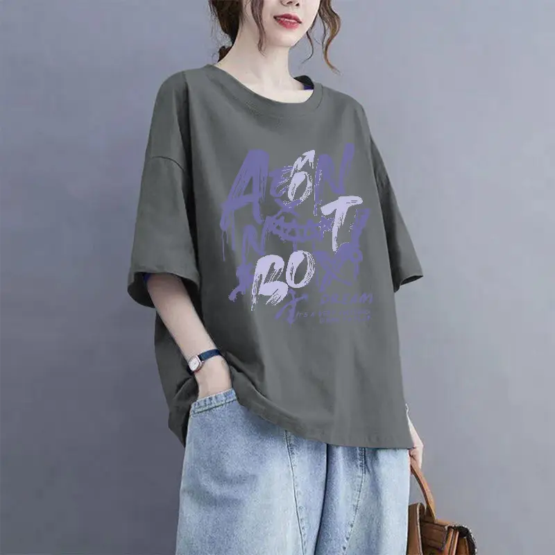 European Goods 100% Cotton Short-Sleeved Large Size Summer T-Shirt Loose Simple Printed Slimming Look Cover-Up Foreign Style Top Outer Wear