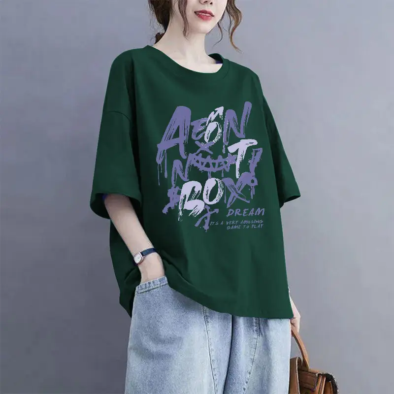 European Goods 100% Cotton Short-Sleeved Large Size Summer T-Shirt Loose Simple Printed Slimming Look Cover-Up Foreign Style Top Outer Wear