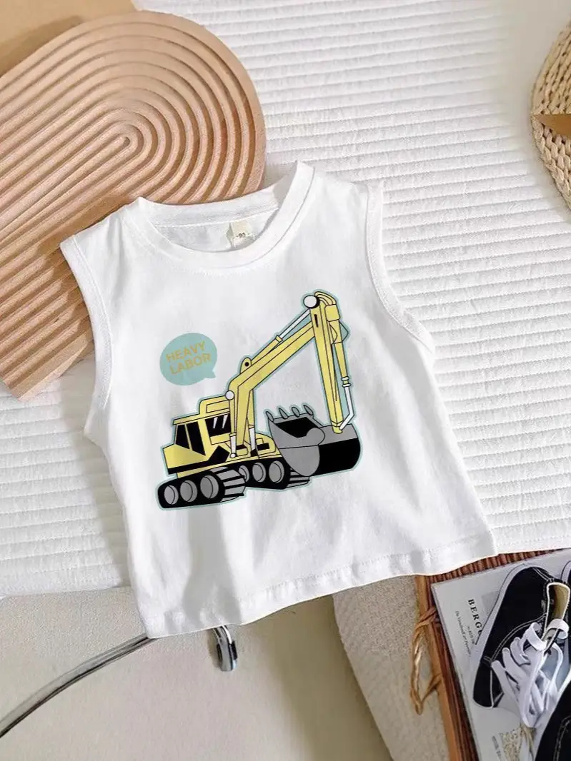 Boys Sleeveless Cartoon Excavator T-Shirt White