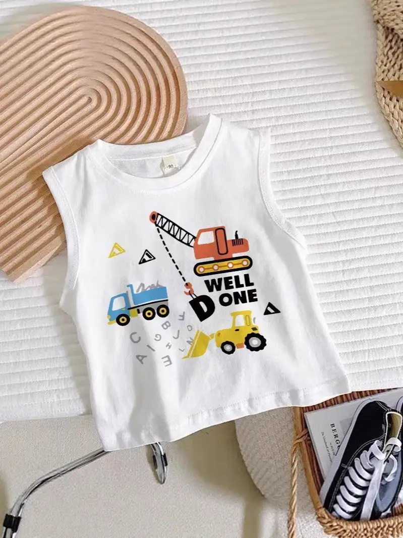 Boys Sleeveless Cartoon Excavator T-Shirt White