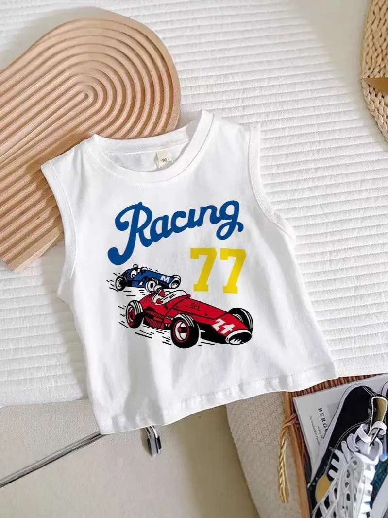 Boys Sleeveless Cartoon Excavator T-Shirt White