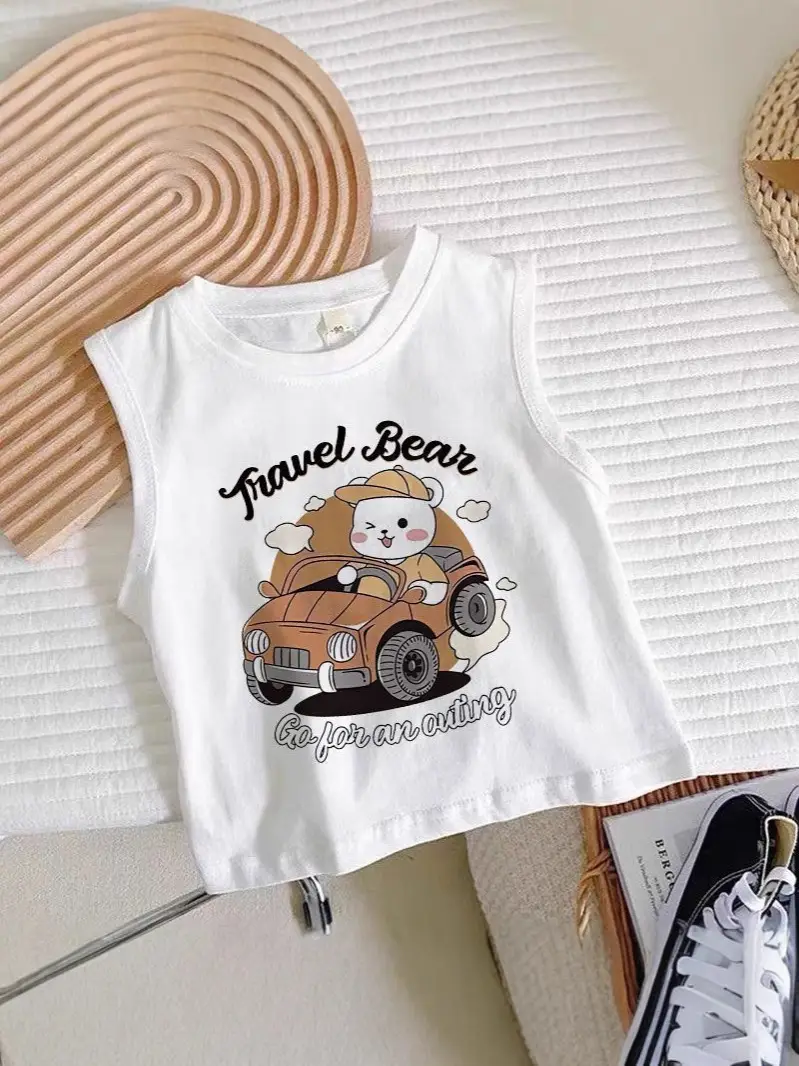 Boys Sleeveless Cartoon Excavator T-Shirt White