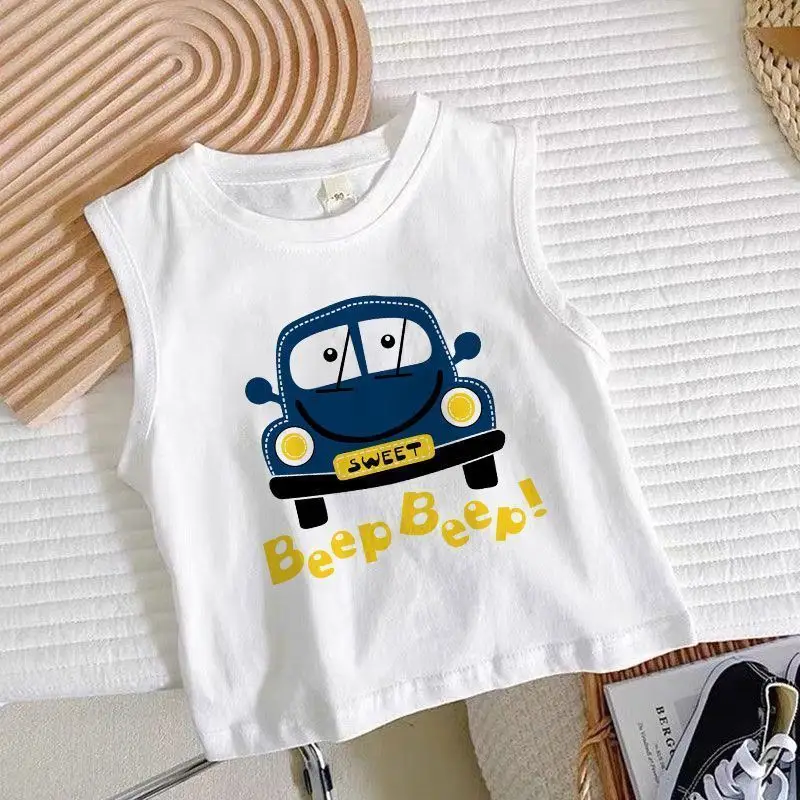 Boys Sleeveless Cartoon Excavator T-Shirt White — feature 12