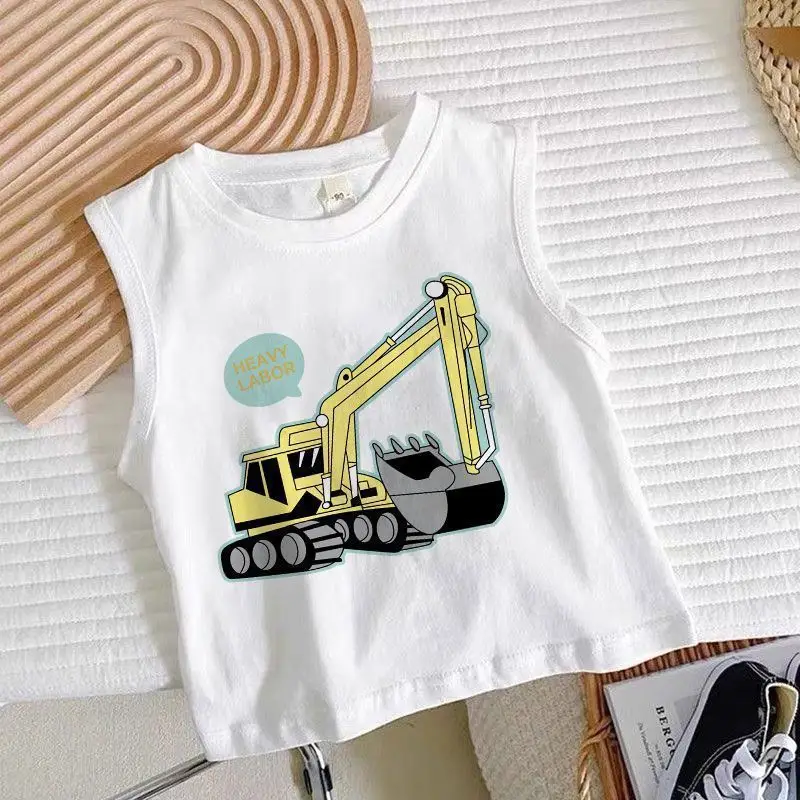 Boys Sleeveless Cartoon Excavator T-Shirt White