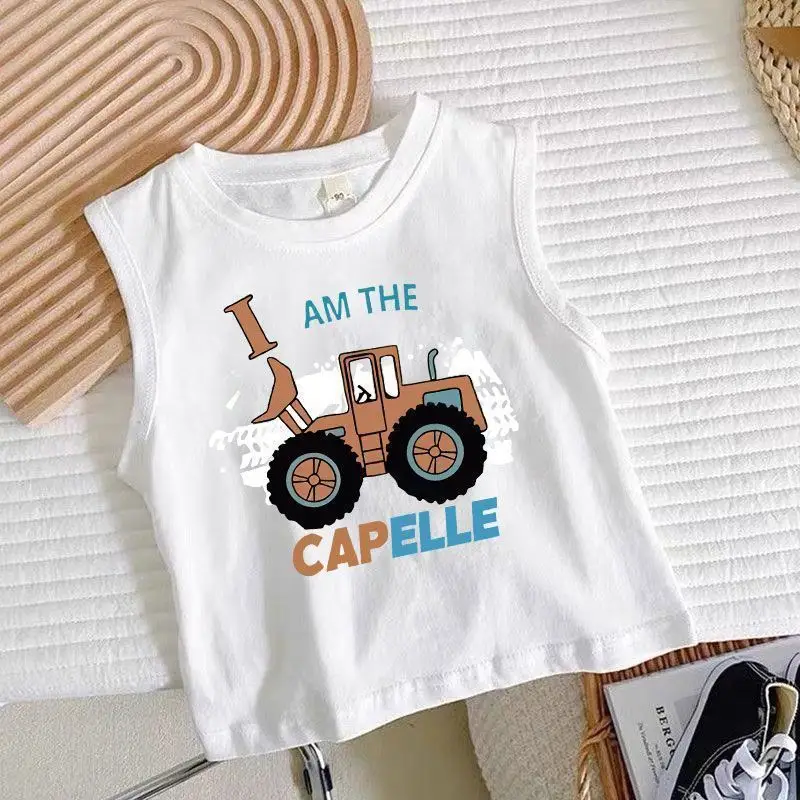 Boys Sleeveless Cartoon Excavator T-Shirt White