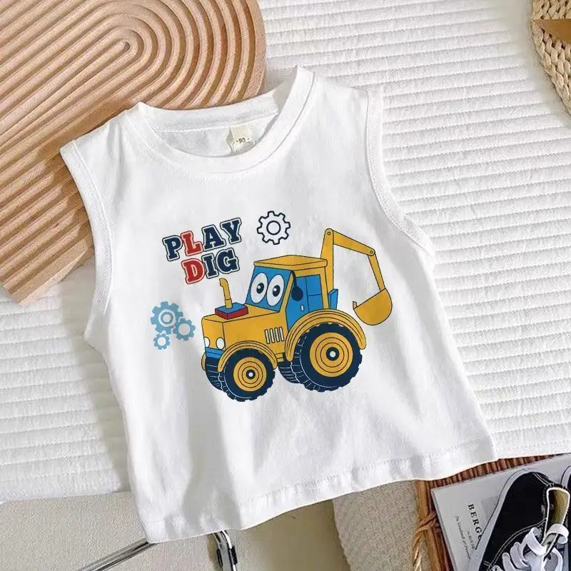 Boys Sleeveless Cartoon Excavator T-Shirt White