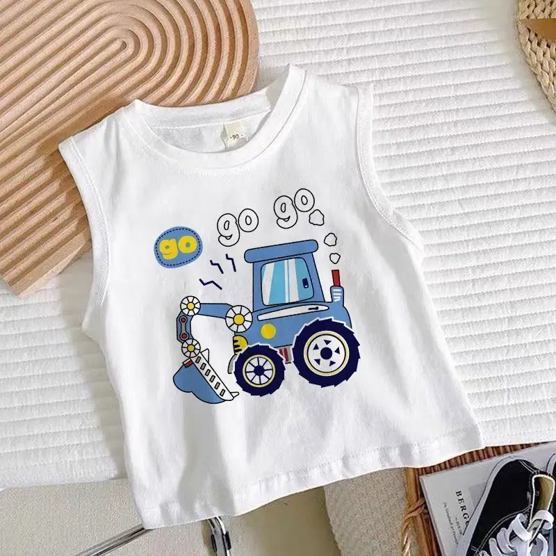 Boys Sleeveless Cartoon Excavator T-Shirt White