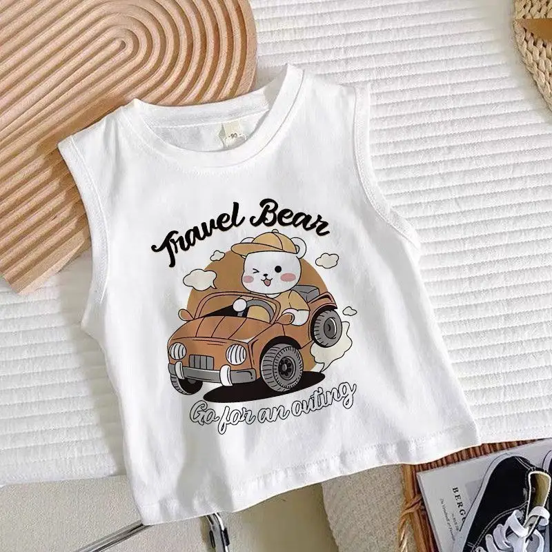 Boys Sleeveless Cartoon Excavator T-Shirt White