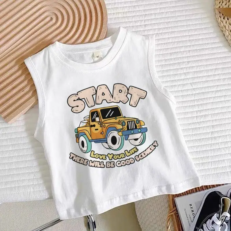 Boys Sleeveless Cartoon Excavator T-Shirt White