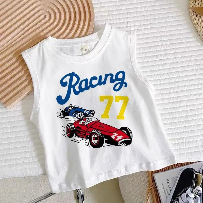 Boys Sleeveless Cartoon Excavator T-Shirt White