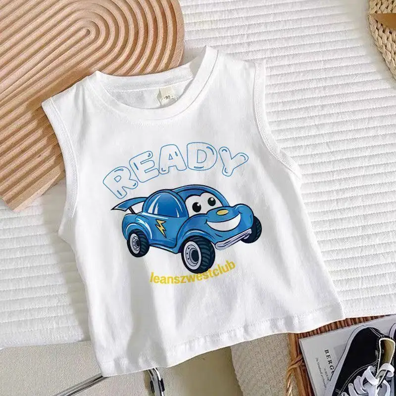 Boys Sleeveless Cartoon Excavator T-Shirt White
