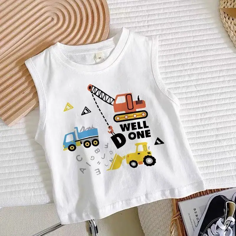 Boys Sleeveless Cartoon Excavator T-Shirt White