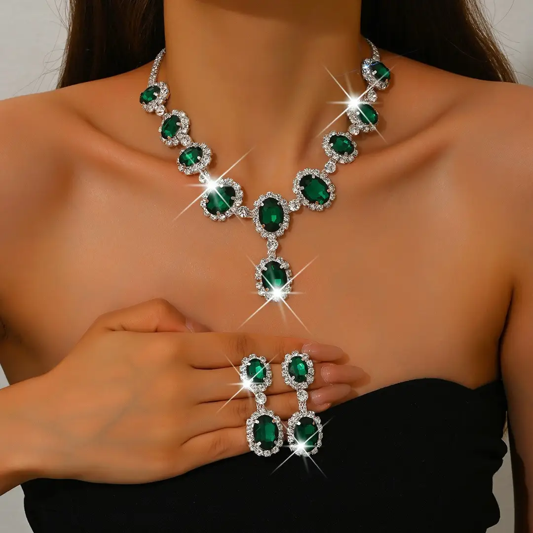 European and American Fashion Colored Diamond Drop-Shaped Super Flash Elegant Set Chain Earrings Necklace Exaggerated Two-Piece Bridal Jewelry Wholesale