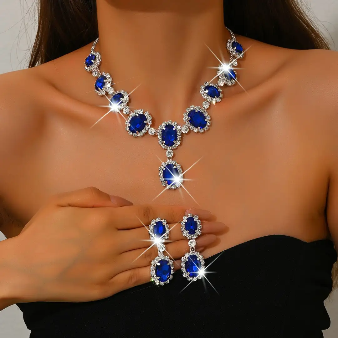 European and American Fashion Colored Diamond Drop-Shaped Super Flash Elegant Set Chain Earrings Necklace Exaggerated Two-Piece Bridal Jewelry Wholesale